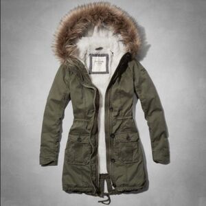 Abercrombie Sz M Olive Green Hooded Sherpa lined Parka Utility Jacket Coat Rare